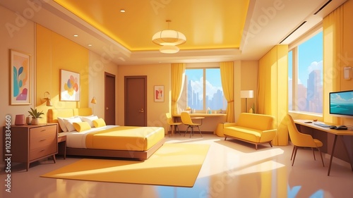 yellow themed aesthetic minimalist hotel interior concept illustration background photo