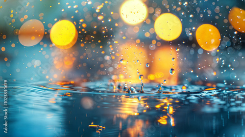 Rain droplets with colorful bokeh and reflective water surface photo