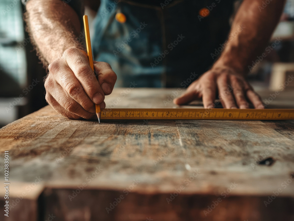Craftsman measuring and marking wood for a woodworking project in a workshop filled with tools Craftsman measuring and marking wood for a woodworking project in a workshop filled with tools