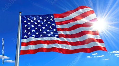 A close-up of an American flag swaying in the breeze with soft sunlight highlighting its colors