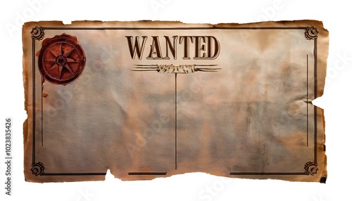 This vintage-style wanted poster features faded, torn edges and an empty space for a photo of an outlaw