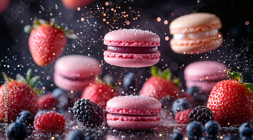 a lot of macarons, strawberries, blueberries, blackberries flying in the cosmos, sparkl stars, dream like photo