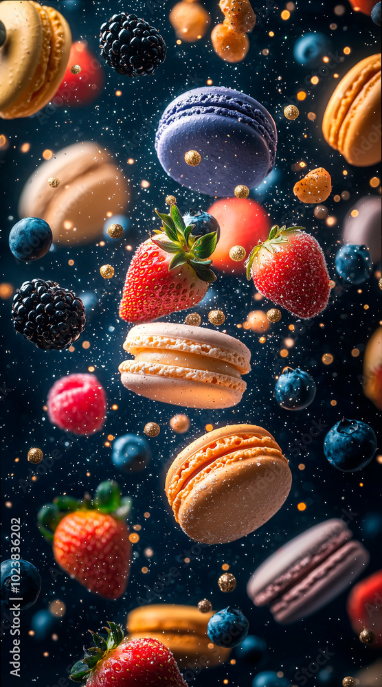 a lot of macarons, strawberries, blueberries, blackberries flying in the cosmos, sparkl stars, dream like a lot of macarons, strawberries, blueberries, blackberries flying in the cosmos, sparkl stars, dream like