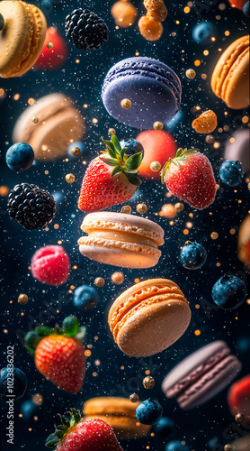 a lot of macarons, strawberries, blueberries, blackberries flying in the cosmos, sparkl stars, dream like