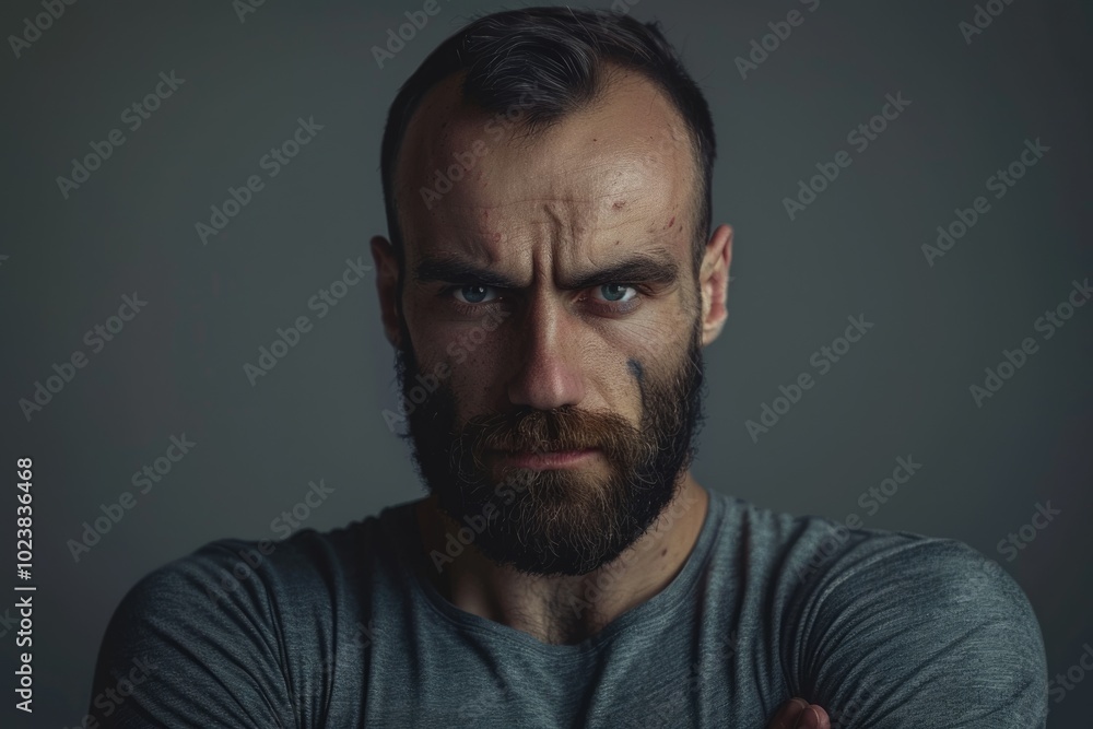 Portrait of brutal unshaven man posing and looking at camera isolated over grey background Portrait of brutal unshaven man posing and looking at camera isolated over grey background