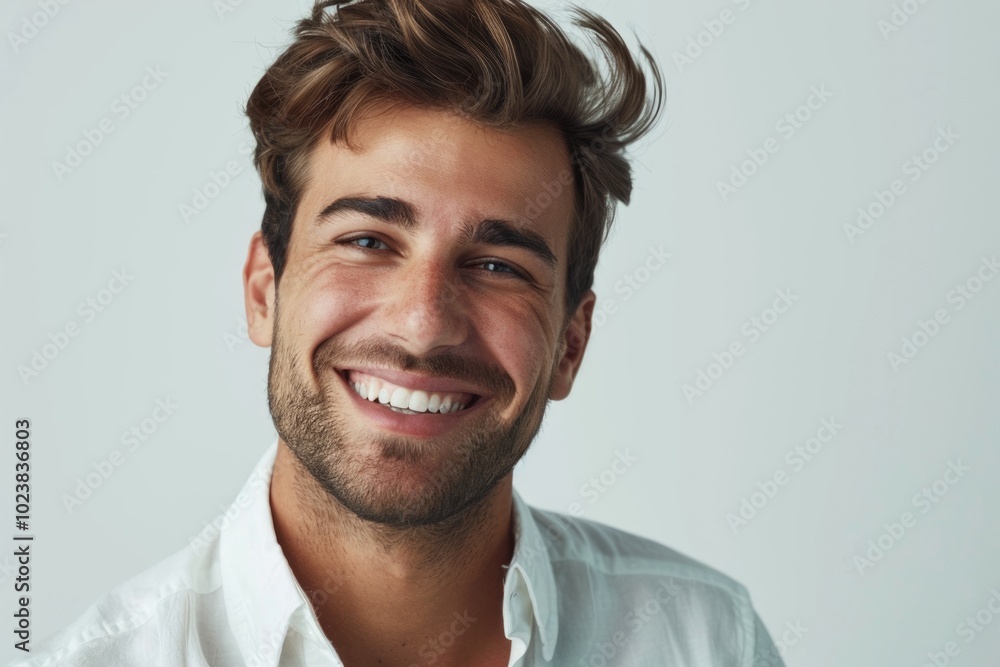 Obraz premium Handsome man in white shirt with happy smile. Lucky.
