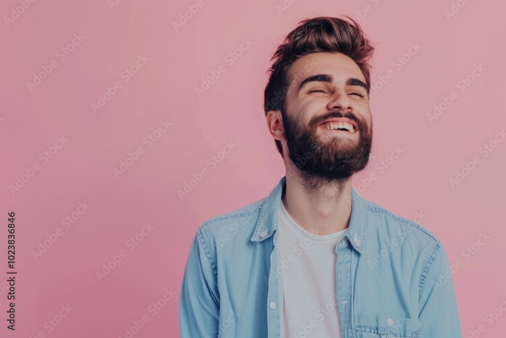 Fototapeta premium Confident young man in casual shirt smiling and looking away.
