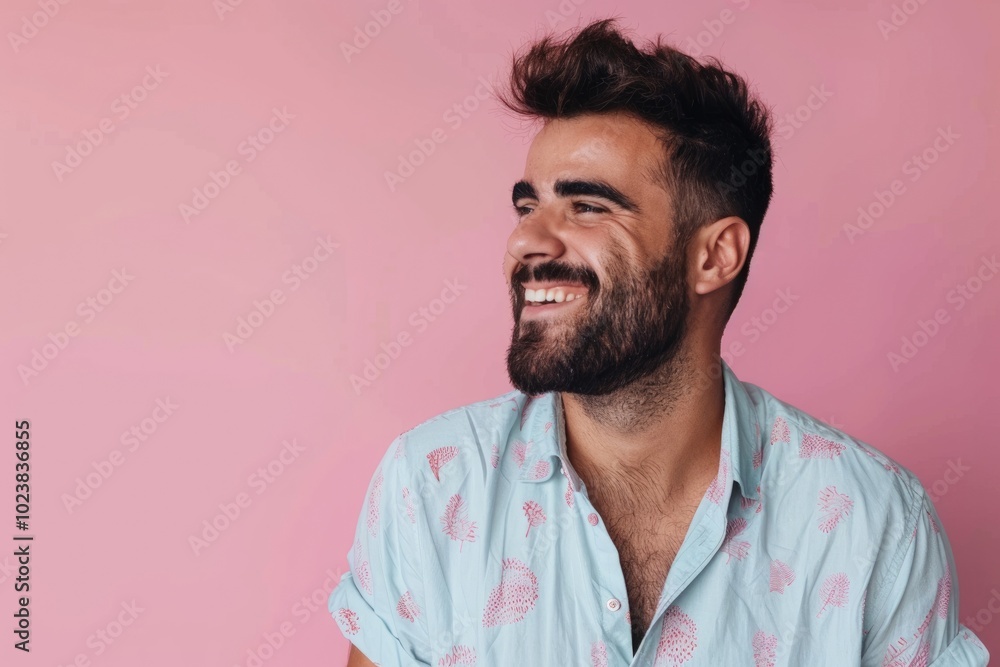 Fototapeta premium Confident young man in casual shirt smiling and looking away.