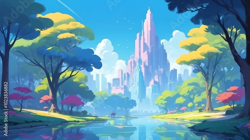 blue themed aesthetic minimalist city park concept illustration background