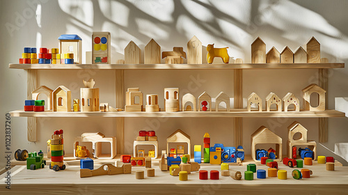 Wallpaper Mural Scandinavian-inspired wooden toy arrangement on floating shelves Torontodigital.ca