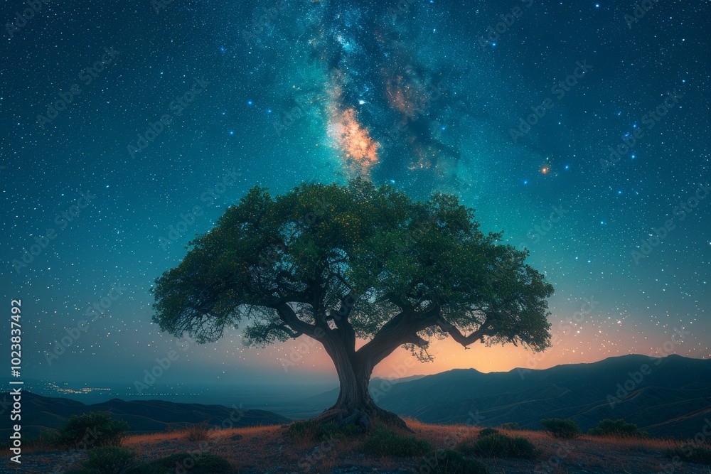 Stargazing under the perseid meteor shower a summer night with the milky way and plum trees Stargazing under the perseid meteor shower a summer night with the milky way and plum trees