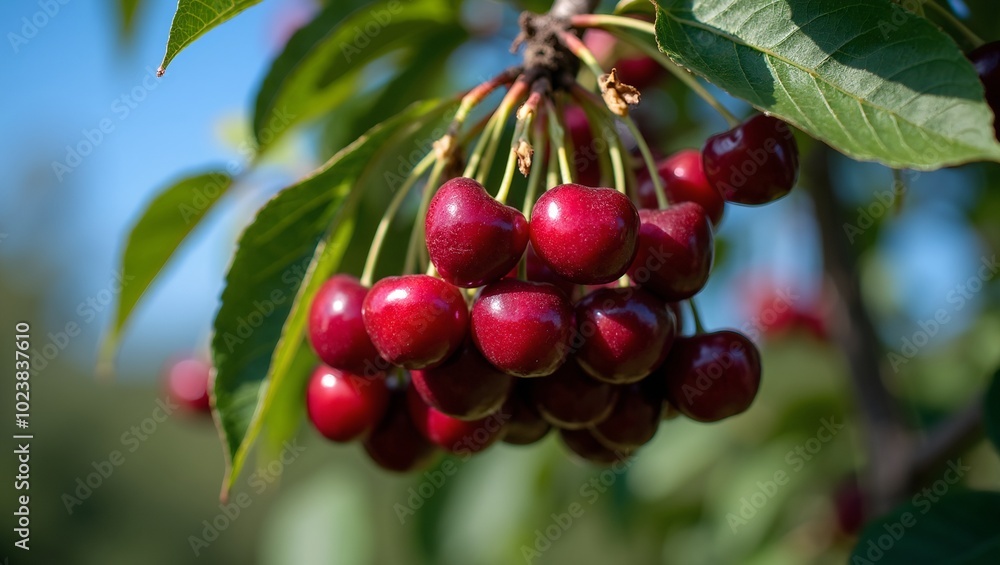 Obraz premium Ripe red cherries hanging from tree branches against a blue sky