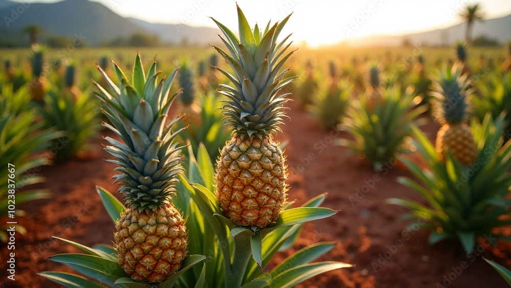 Fototapeta premium Tropical pineapple field under sunny skies vibrant green leaves spiky crowns and red soil