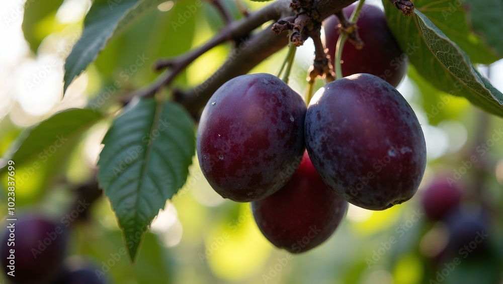 Juicy plums on tree branches in sunlit orchard Juicy plums on tree branches in sunlit orchard