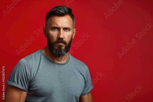 Serious young man in casual attire with beard.