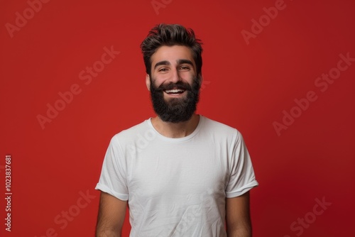 Handsome man in casual shirt smiling over red background. Lucky.