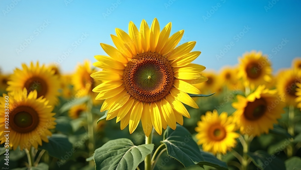 Vibrant sunflowers in a sunlit field against a blue sky Vibrant sunflowers in a sunlit field against a blue sky