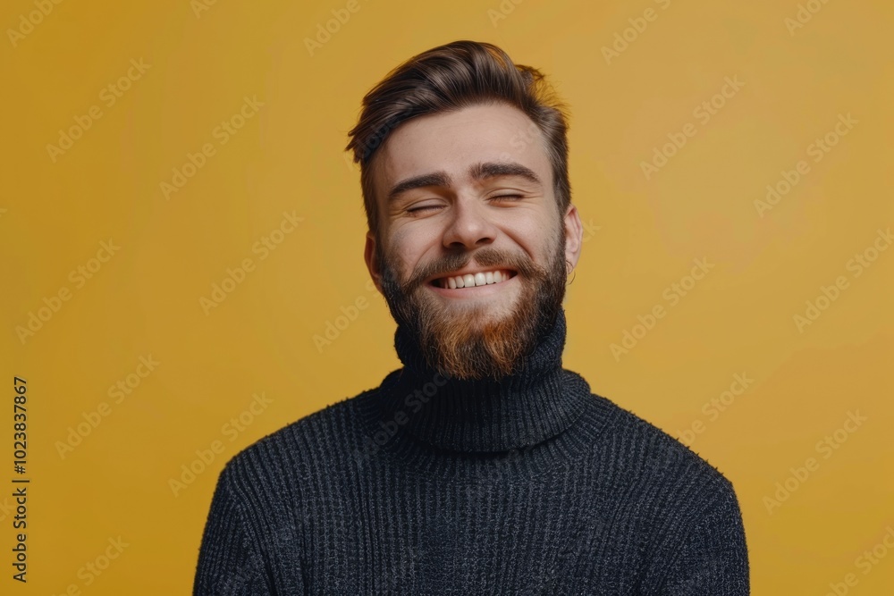 Handsome man in turtleneck sweater smiling over yellow background. Handsome man in turtleneck sweater smiling over yellow background.