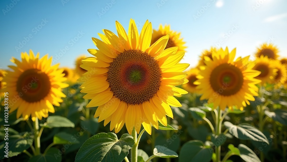 Vibrant sunflowers in a sunlit field against a blue sky Vibrant sunflowers in a sunlit field against a blue sky