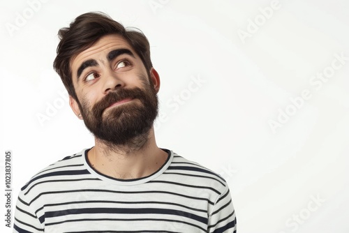 Handsome man in striped shirt smiling and thinking.