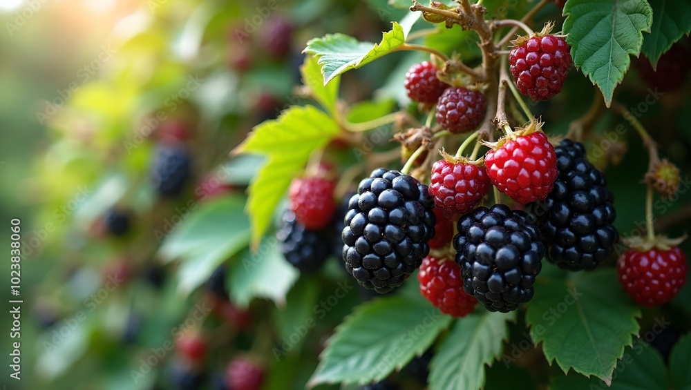 Juicy blackberries on vines bathed in sunlight amidst lush green leaves Juicy blackberries on vines bathed in sunlight amidst lush green leaves