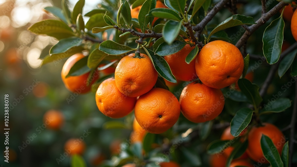 Juicy mandarins glowing in the golden sun among lush green leaves Juicy mandarins glowing in the golden sun among lush green leaves