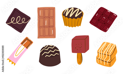 Sweet Chocolate Treats Collection. A hand-drawn collection of delicious chocolate treats, including bars, pralines, cupcakes, and popsicles. Perfect for dessert and bakery designs