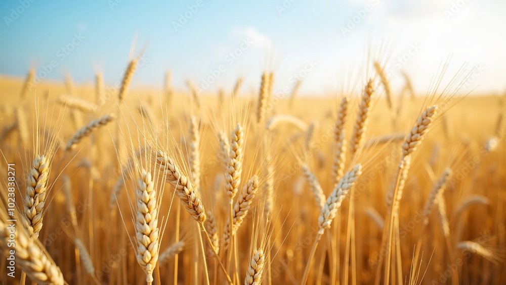 Endless golden wheat field ready for harvest under bright blue sky Endless golden wheat field ready for harvest under bright blue sky