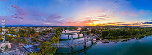 Aerial Panorama Photo Sunset Over Salem Oregon Willamette River Bridges Cityscape