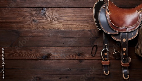 Western leather saddle with spurs and gloves arranged on rustic wooden surface in a cowboy setting. Generative AI