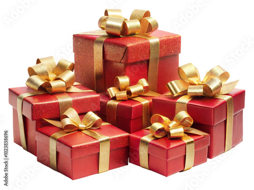 Collection of beautifully wrapped red gift boxes with golden ribbons. photo