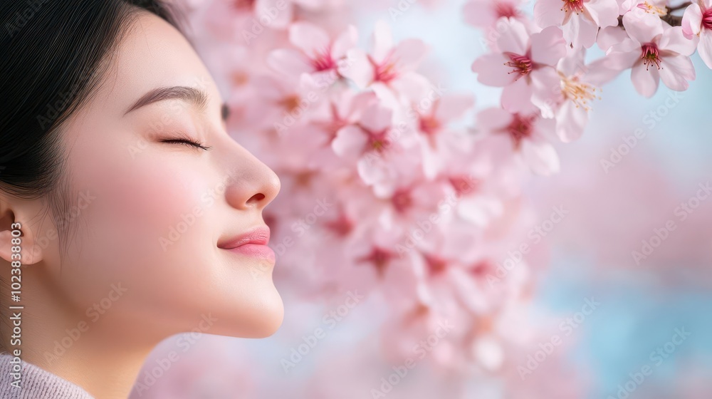 A person standing under cherry blossom trees, eyes closed in peaceful happiness close up Joy in nature s fleeting beauty ethereal Overlay Cherry blossom backdrop A person standing under cherry blossom trees, eyes closed in peaceful happiness close up Joy in nature s fleeting beauty ethereal Overlay Cherry blossom backdrop