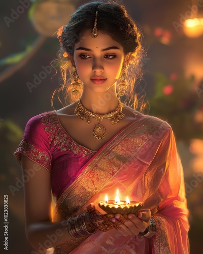 Graceful woman in traditional attire holding illuminated diya for festive celebration photo