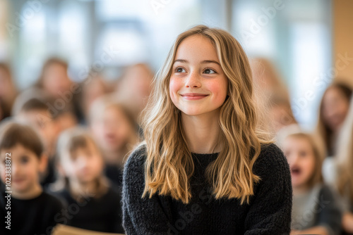 Wallpaper Mural Happy young girl sitting in a classroom with children blurred in the background Torontodigital.ca