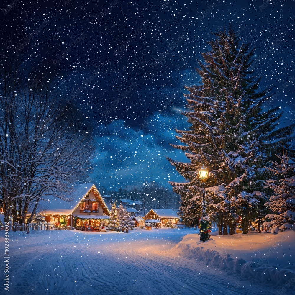 Cozy winter night in snowy village under starry sky with pine trees and ...