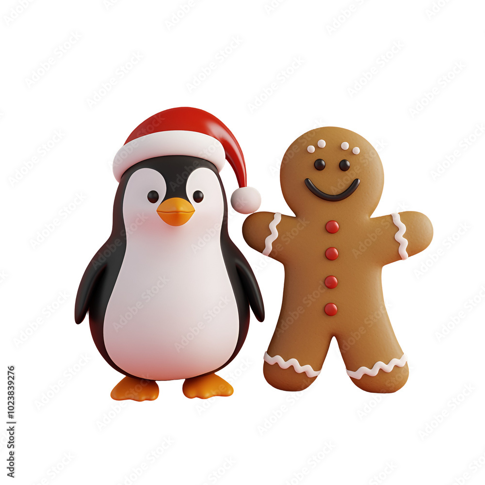 Obraz premium Christmas Character 3D Render Illustration: Penguin with Santa Claus Hat and Gingerbread Man Cartoon, Isolated on Transparent Background, PNG
