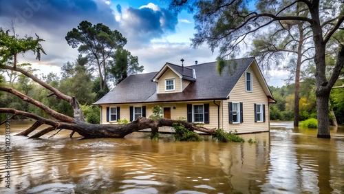 House surrounded by floodwaters with fallen tree, dramatic sky, lush greenery.