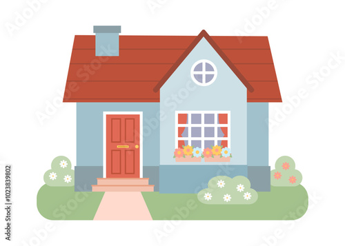 Charming cottage house illustration with red roof, flower garden, and greenery, ideal for cozy home themes, countryside designs, and quaint rural landscapes.