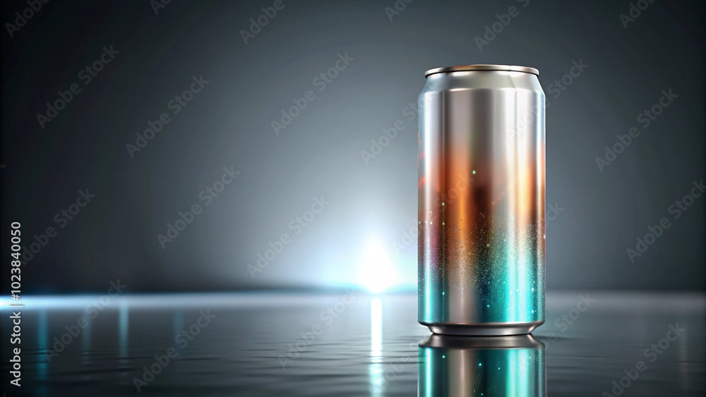 Shiny beverage can on reflective surface with colorful gradient design. Shiny beverage can on reflective surface with colorful gradient design.