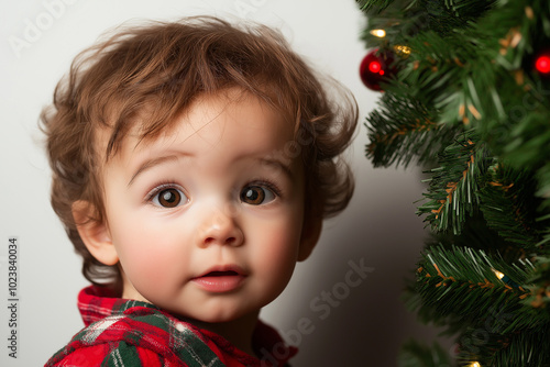 Adorable toddler in plaid shirt looking curiously at a Christmas tree with red ornaments, symbolizing the wonder and joy of a child during the Christmas holiday season photo