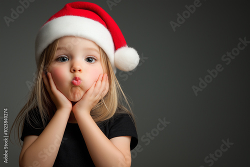 Little girl in Santa hat making a kissy face, posing playfully in a Christmas outfit, capturing the innocence and fun spirit of the holiday season during Christmas celebrations photo