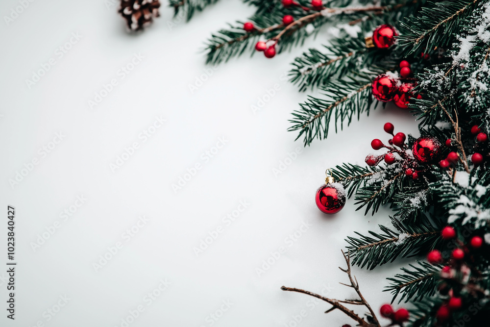 Christmas decorations with pine branches, red berries, pinecones, and ornaments on white background, symbolizing traditional festive holiday decor and winter celebration design ideas Christmas decorations with pine branches, red berries, pinecones, and ornaments on white background, symbolizing traditional festive holiday decor and winter celebration design ideas
