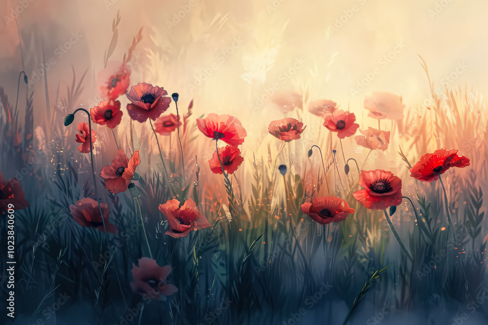 Obraz premium Painting of a field of red poppies with a sun in the background. The mood of the painting is serene and peaceful