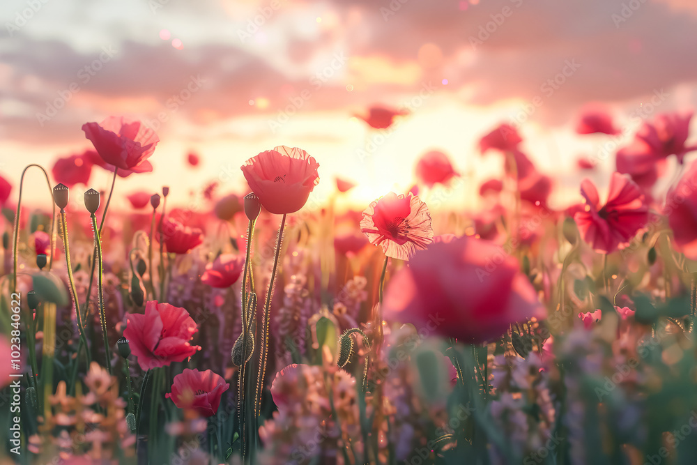 Fototapeta premium Painting of a field of red poppies with a sun in the background. The mood of the painting is serene and peaceful