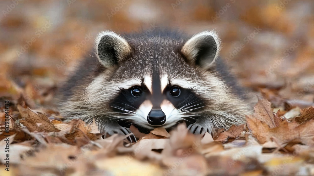 Fototapeta premium A raccoon sits among colorful fall leaves, looking directly at the camera with an inquisitive expression in a tranquil outdoor environment