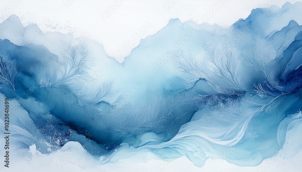 Cool watercolor shades of blue and gray, creating a frosty atmosphere on a white background Cool watercolor shades of blue and gray, creating a frosty atmosphere on a white background