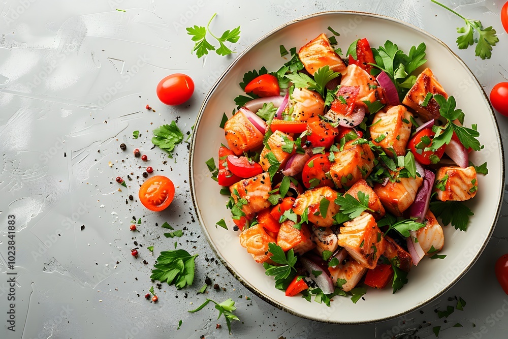 Grilled salmon salad with cherry tomatoes, red onions, and fresh parsley on a white plate. Overhead view of a healthy dish for food blogs, restaurant menus, and fresh salad promotions. Grilled salmon salad with cherry tomatoes, red onions, and fresh parsley on a white plate. Overhead view of a healthy dish for food blogs, restaurant menus, and fresh salad promotions.