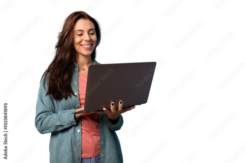 Smiling girl holding a laptop in her hands Smiling girl holding a laptop in her hands