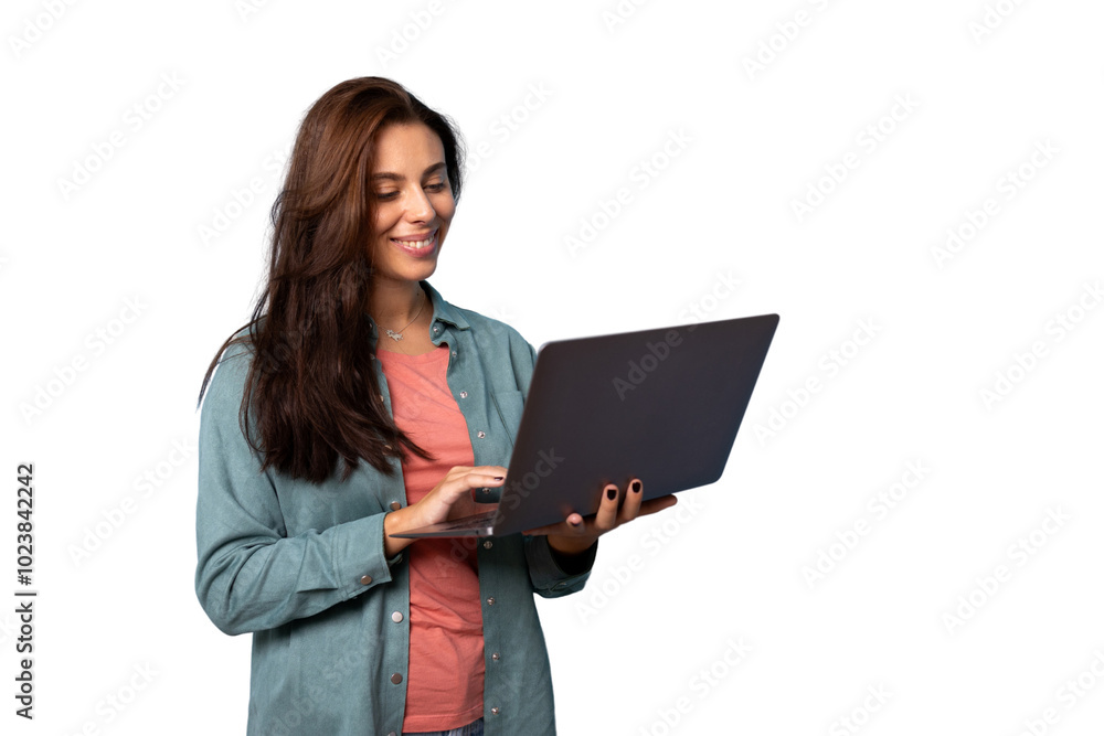Smiling girl holding a laptop in her hands Smiling girl holding a laptop in her hands