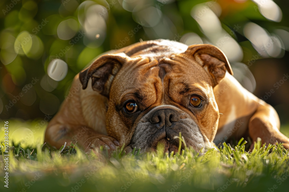 A brown dog is laying on the grass A brown dog is laying on the grass